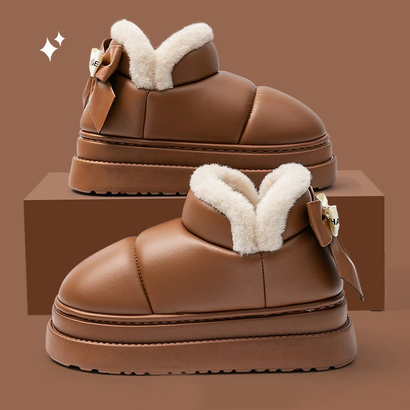 Bowknot Decor Waterproof Snow Boots Women Warm Plush Thick Platform Ankle Boots Woman Comfortable Slip On Non Slip Winter Shoes