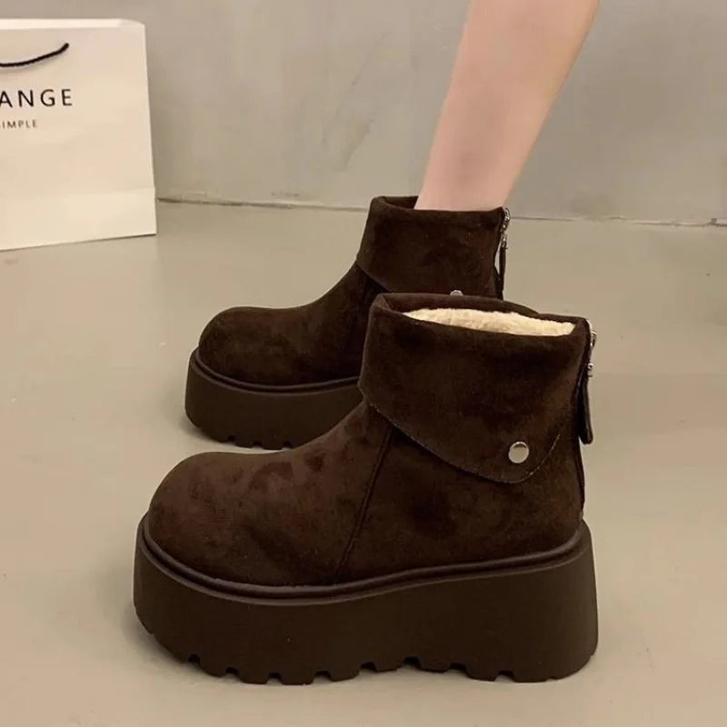 2025 New Women's Platform Snow Boots, Winter Warm Furry Lined  Shoes, Fashion Thick Sole Mid Calf Boots