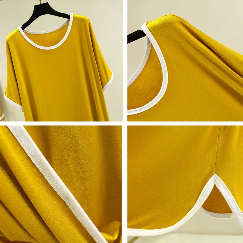 Soft Modal Sleep Dress For Women Summer Plus Size Short Sleeve Loose Casual Homewear Nightdress Long Underskirt Nightgown