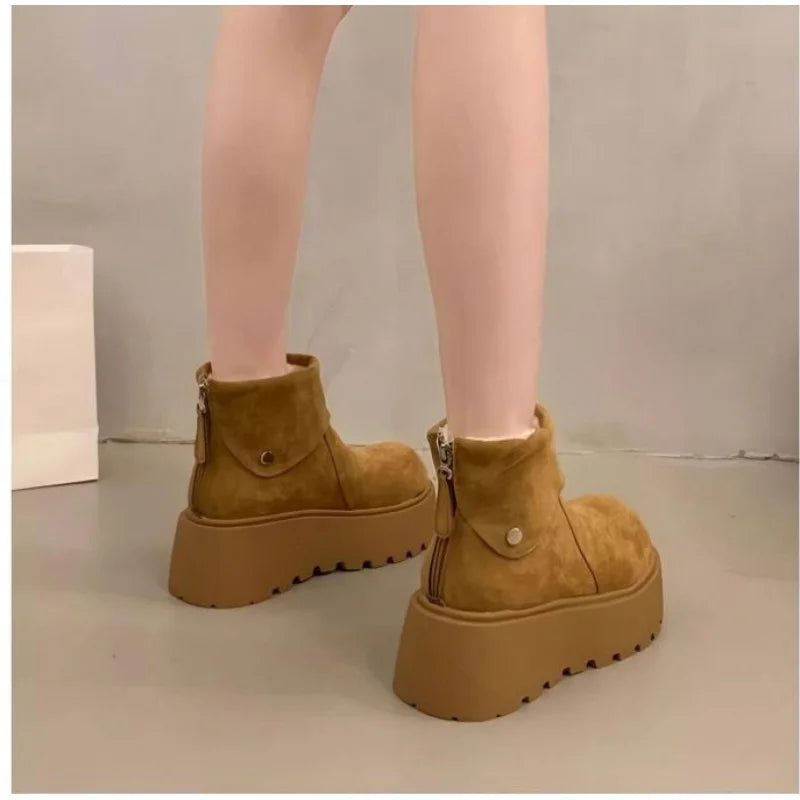 2025 New Women's Platform Snow Boots, Winter Warm Furry Lined  Shoes, Fashion Thick Sole Mid Calf Boots