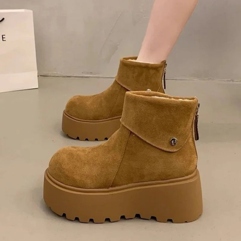 2025 New Women's Platform Snow Boots, Winter Warm Furry Lined  Shoes, Fashion Thick Sole Mid Calf Boots