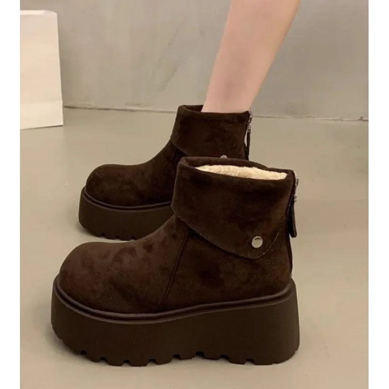 2025 New Women's Platform Snow Boots, Winter Warm Furry Lined  Shoes, Fashion Thick Sole Mid Calf Boots
