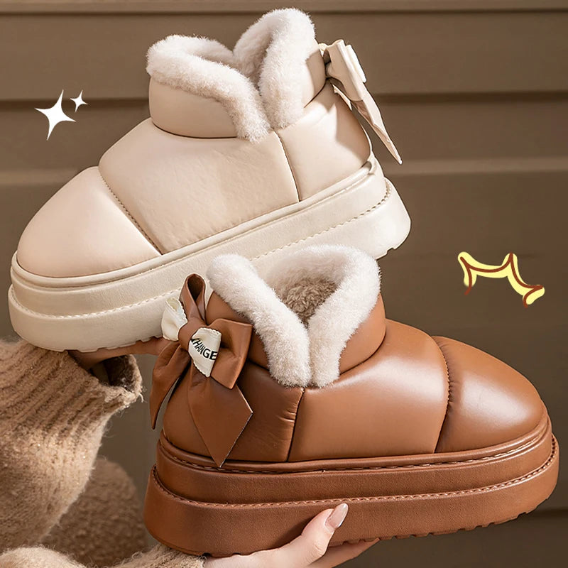 Bowknot Decor Waterproof Snow Boots Women Warm Plush Thick Platform Ankle Boots Woman Comfortable Slip On Non Slip Winter Shoes