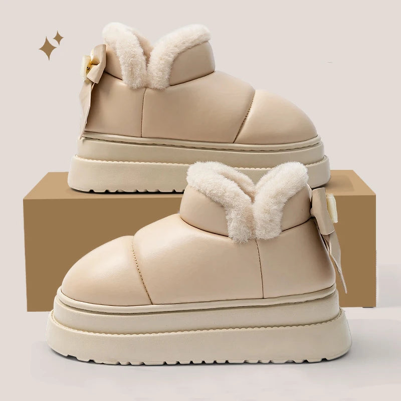 Bowknot Decor Waterproof Snow Boots Women Warm Plush Thick Platform Ankle Boots Woman Comfortable Slip On Non Slip Winter Shoes
