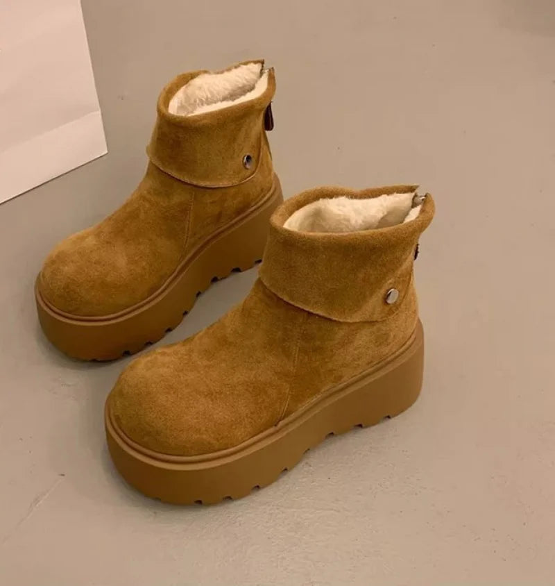 2025 New Women's Platform Snow Boots, Winter Warm Furry Lined  Shoes, Fashion Thick Sole Mid Calf Boots
