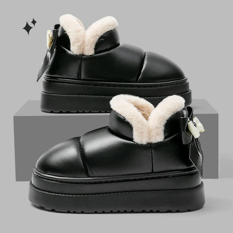 Bowknot Decor Waterproof Snow Boots Women Warm Plush Thick Platform Ankle Boots Woman Comfortable Slip On Non Slip Winter Shoes