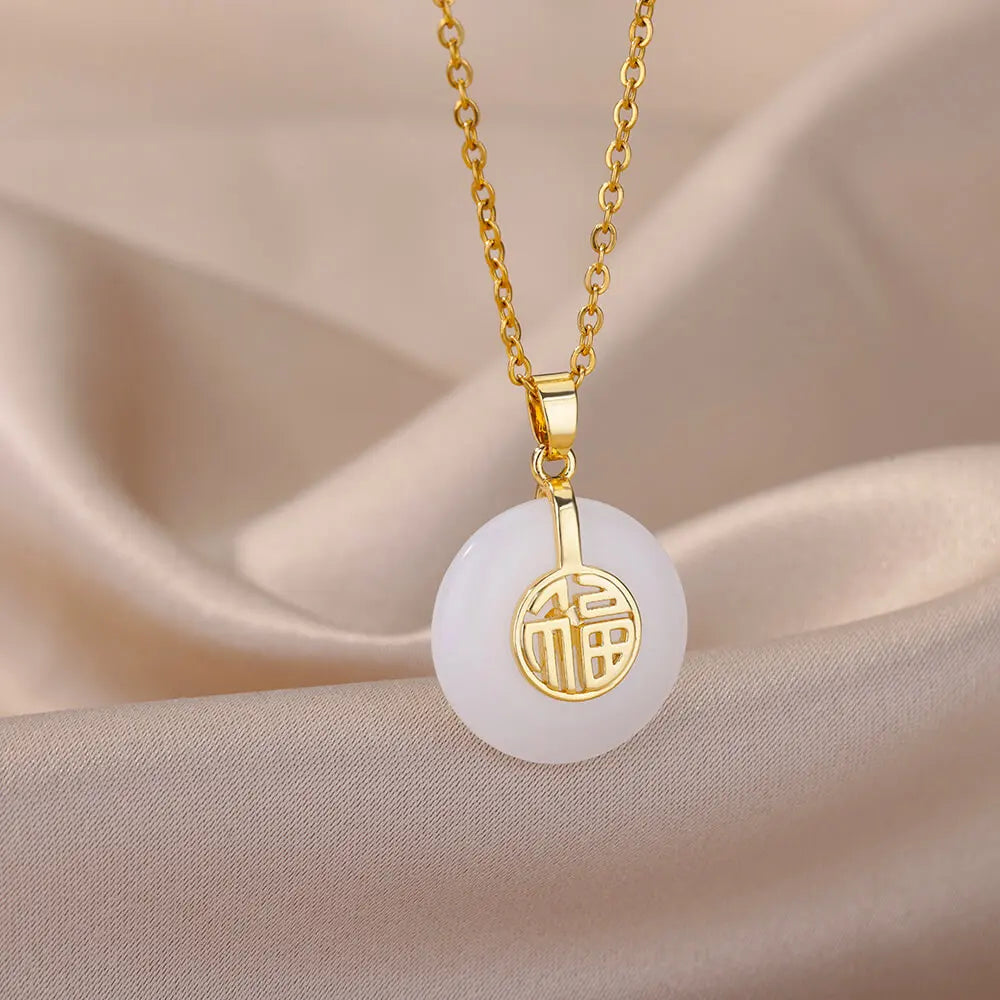 Vintage Natural Stone Necklace For Women Stainless Steel Round Good Luck Fu Choker Necklaces Collar Chain Jewelry Gift