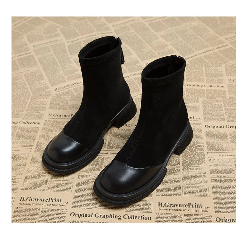 2025 Autumn New Women's Ankle Boots - Retro Panel Round Toe Side Zipper Chunky Heel Fashion Short Boots for Women