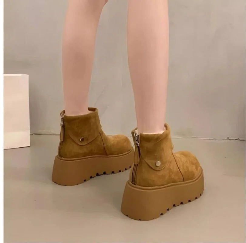 2025 New Women's Platform Snow Boots, Winter Warm Furry Lined  Shoes, Fashion Thick Sole Mid Calf Boots