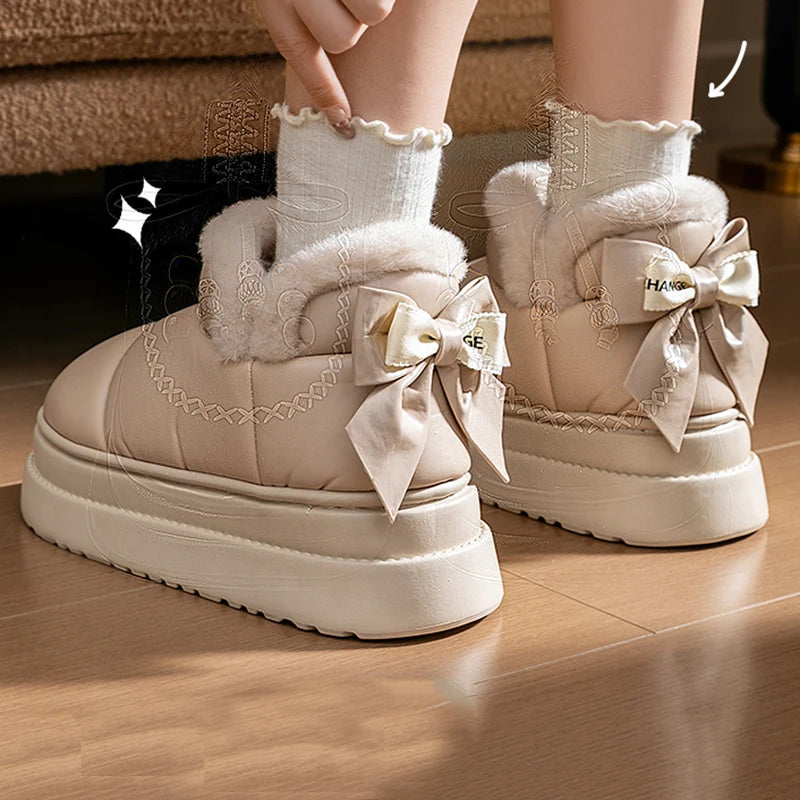Bowknot Decor Waterproof Snow Boots Women Warm Plush Thick Platform Ankle Boots Woman Comfortable Slip On Non Slip Winter Shoes