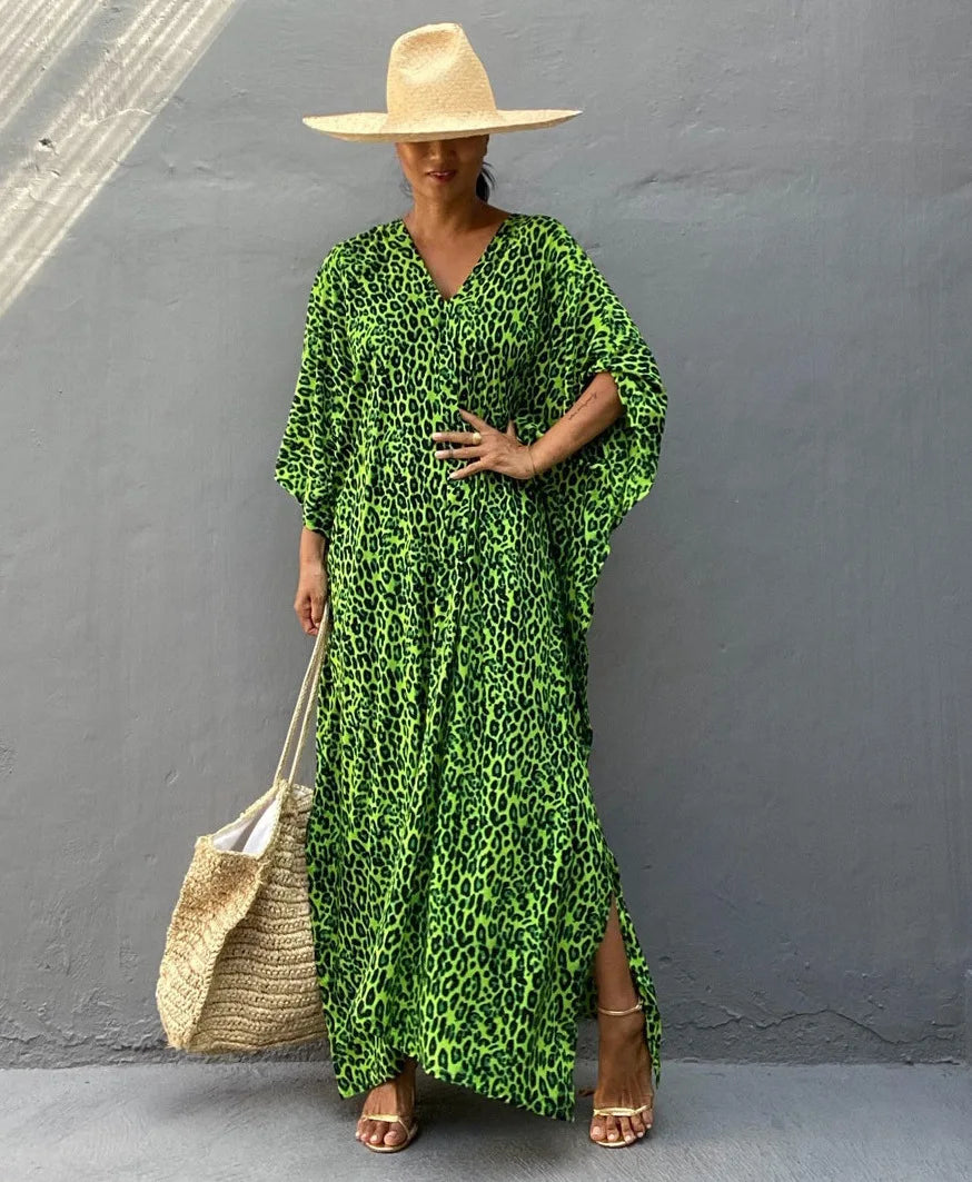 WeHello-Women's Beach Cover Ups for Swimwear, Leopard Kaftan Kimono, Swimsuit Cape, Summer Dress, Beachwear Outfits, Dropship