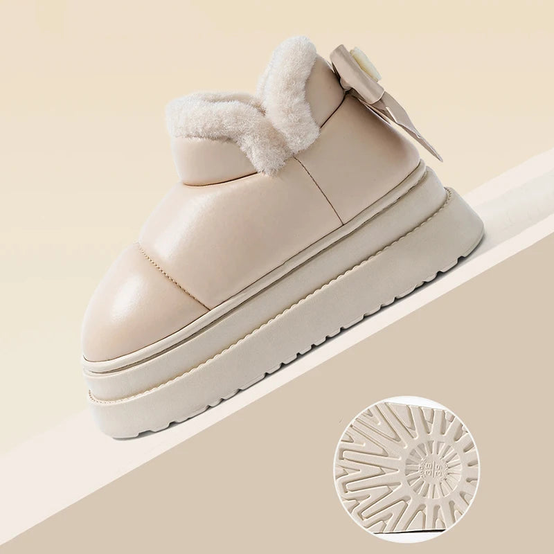 Bowknot Decor Waterproof Snow Boots Women Warm Plush Thick Platform Ankle Boots Woman Comfortable Slip On Non Slip Winter Shoes