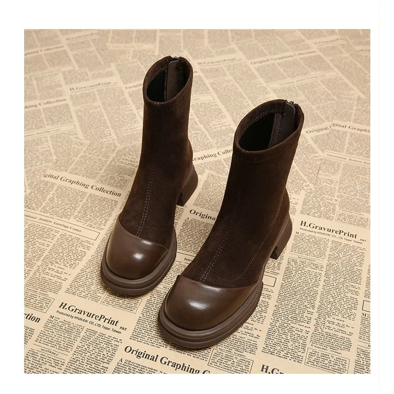 2025 Autumn New Women's Ankle Boots - Retro Panel Round Toe Side Zipper Chunky Heel Fashion Short Boots for Women