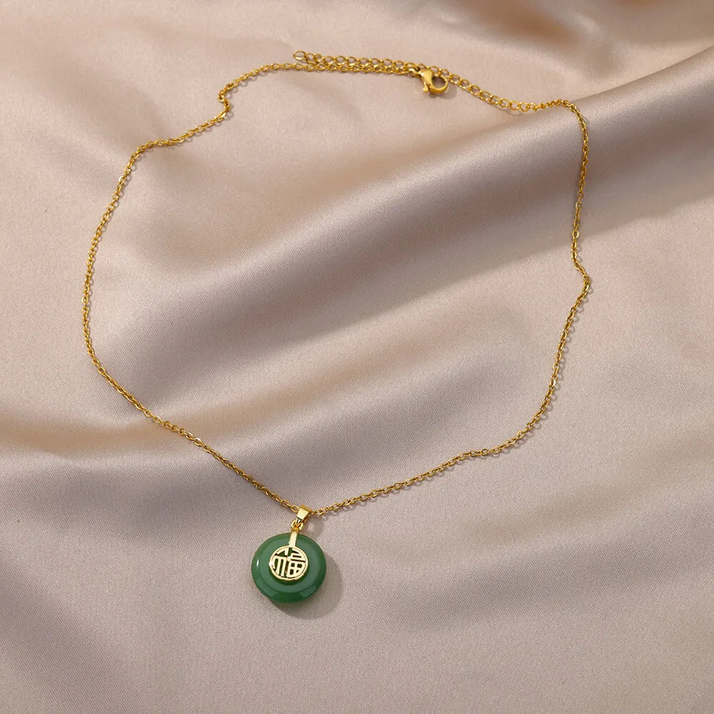 Vintage Natural Stone Necklace For Women Stainless Steel Round Good Luck Fu Choker Necklaces Collar Chain Jewelry Gift