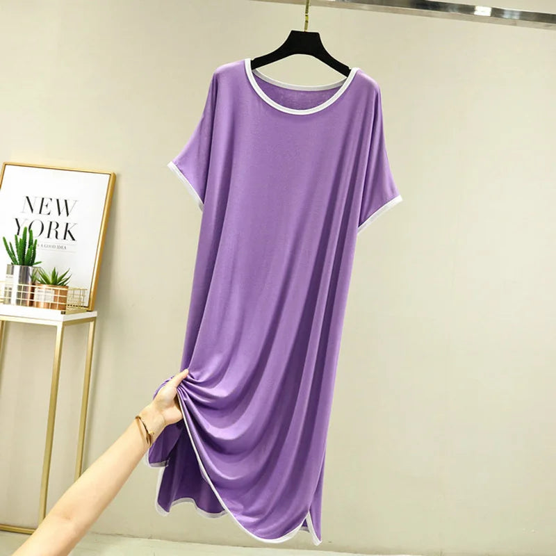 Soft Modal Sleep Dress For Women Summer Plus Size Short Sleeve Loose Casual Homewear Nightdress Long Underskirt Nightgown