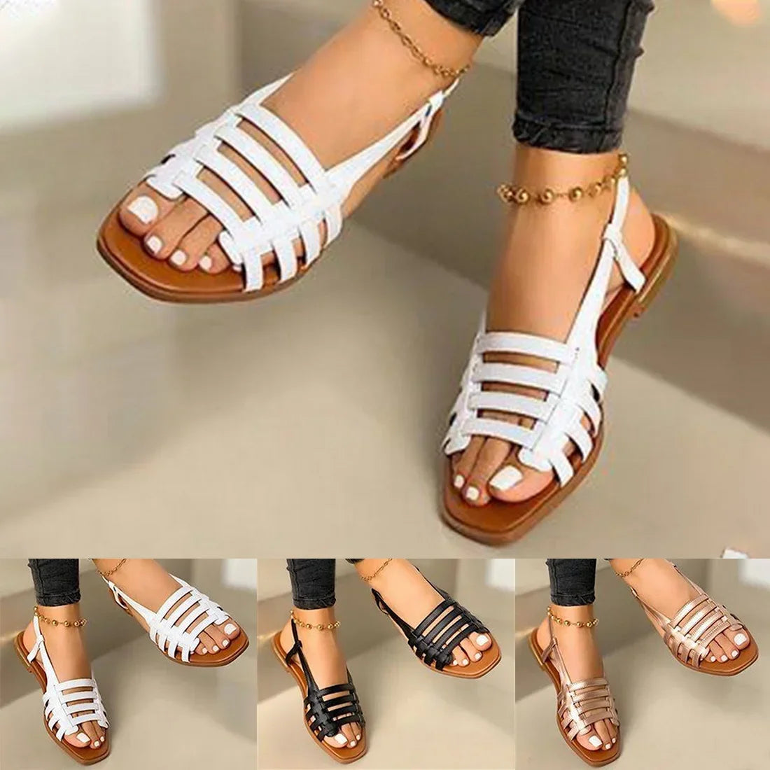 Women Sandals Woman Summer Hollow Out Roman Shoes 2024 Women's Gladiator Open Toe Beach Flats Ladies Footwear Plus Size 35-43