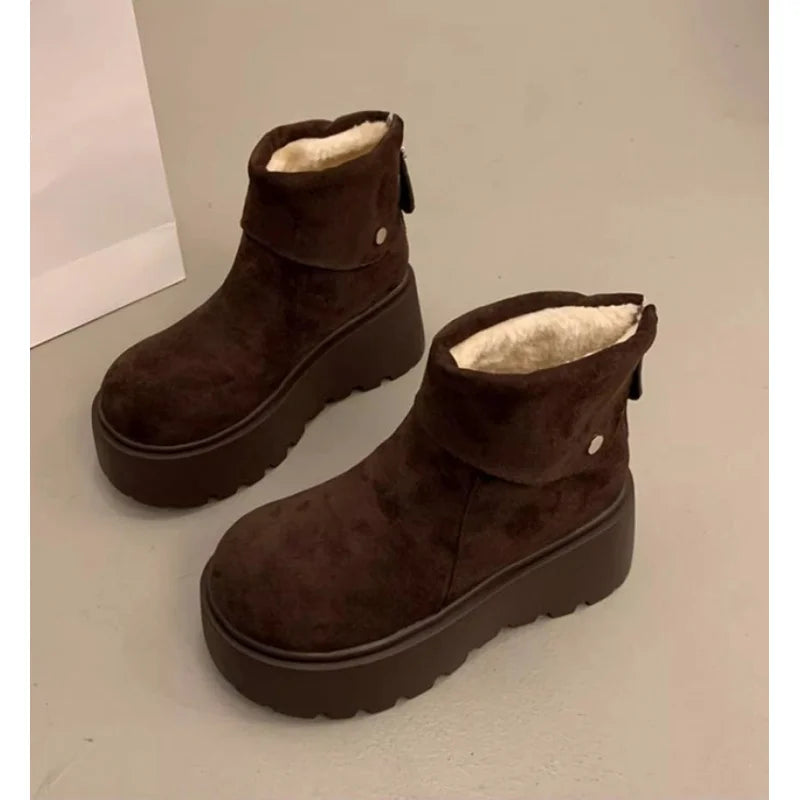 2025 New Women's Platform Snow Boots, Winter Warm Furry Lined  Shoes, Fashion Thick Sole Mid Calf Boots