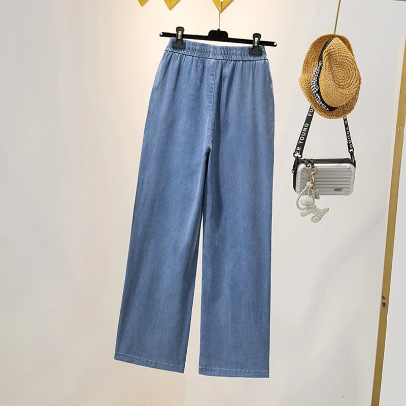 Summer Ice Silk Jeans Women Soft High Waist Wide Leg Pants Femme Thin Loose Casual Ankle Length Cool Denim Pants Mujer LightBlue