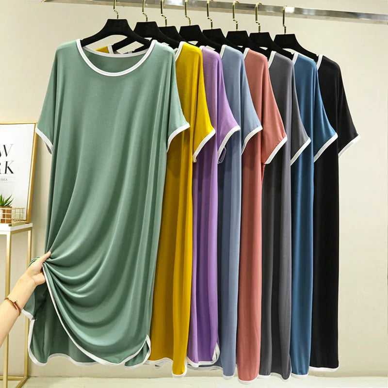 Soft Modal Sleep Dress For Women Summer Plus Size Short Sleeve Loose Casual Homewear Nightdress Long Underskirt Nightgown
