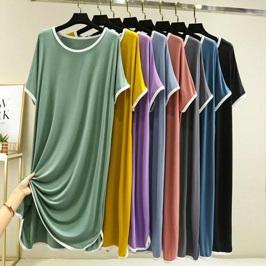 Soft Modal Sleep Dress For Women Summer Plus Size Short Sleeve Loose Casual Homewear Nightdress Long Underskirt Nightgown