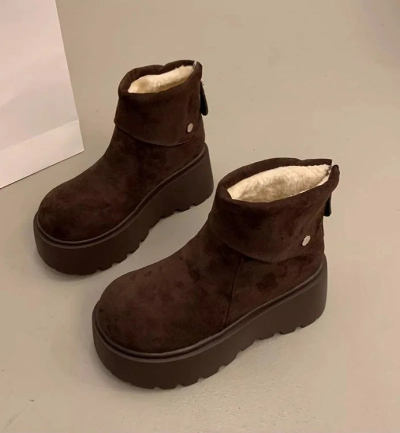 2025 New Women's Platform Snow Boots, Winter Warm Furry Lined  Shoes, Fashion Thick Sole Mid Calf Boots