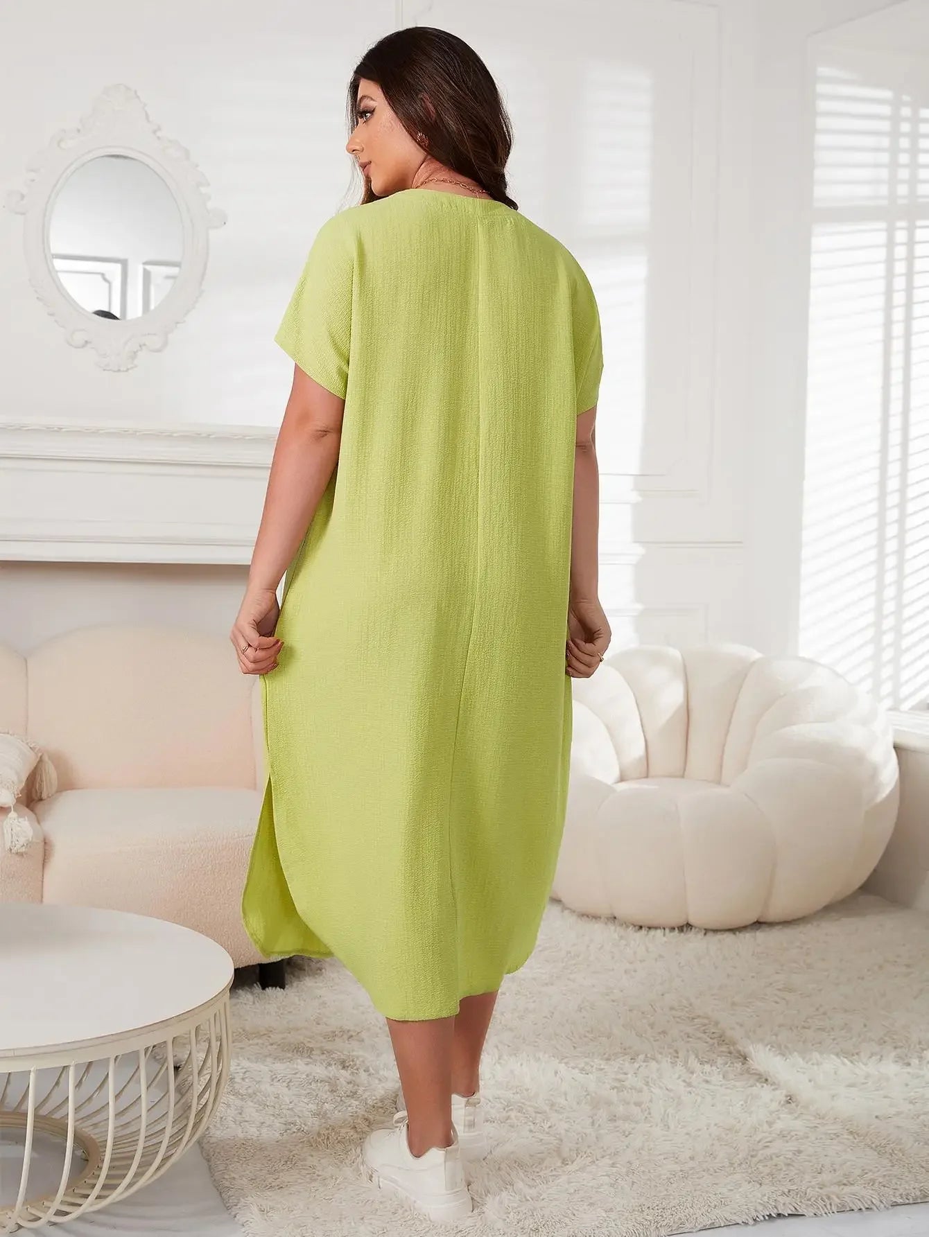 Plus Size Cut Out V Neck Women Nightgown Short Sleeves Solid Female 2 Piece Sleepwear Side Split Nightwear Homewear Clothes