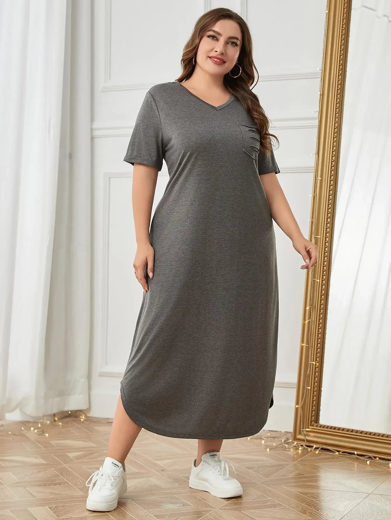 Plus Size Women's Nightgown Solid Color Sleepwear V Neck Short Sleeves Nightdress Female Pajamas Dress Chest Pocket Nightwear