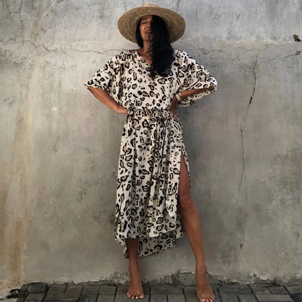 WeHello-Women's Beach Cover Ups for Swimwear, Leopard Kaftan Kimono, Swimsuit Cape, Summer Dress, Beachwear Outfits, Dropship