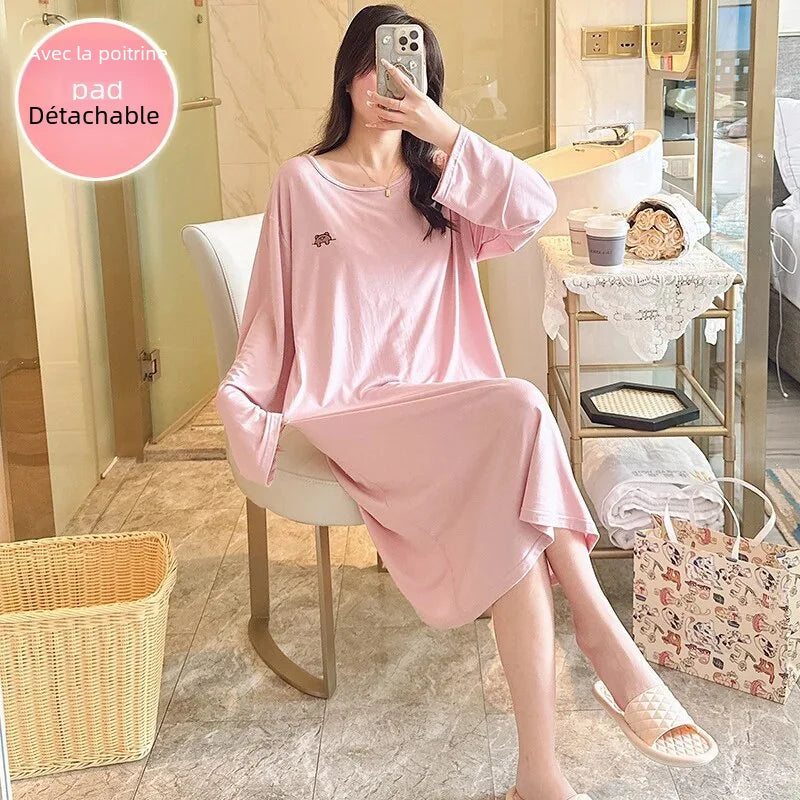 Spring Women's Long Sleeve Round Neck Nightgown Chest Pad Modal Fabric Sleeveless Sleepshirt Suitable For Homewear
