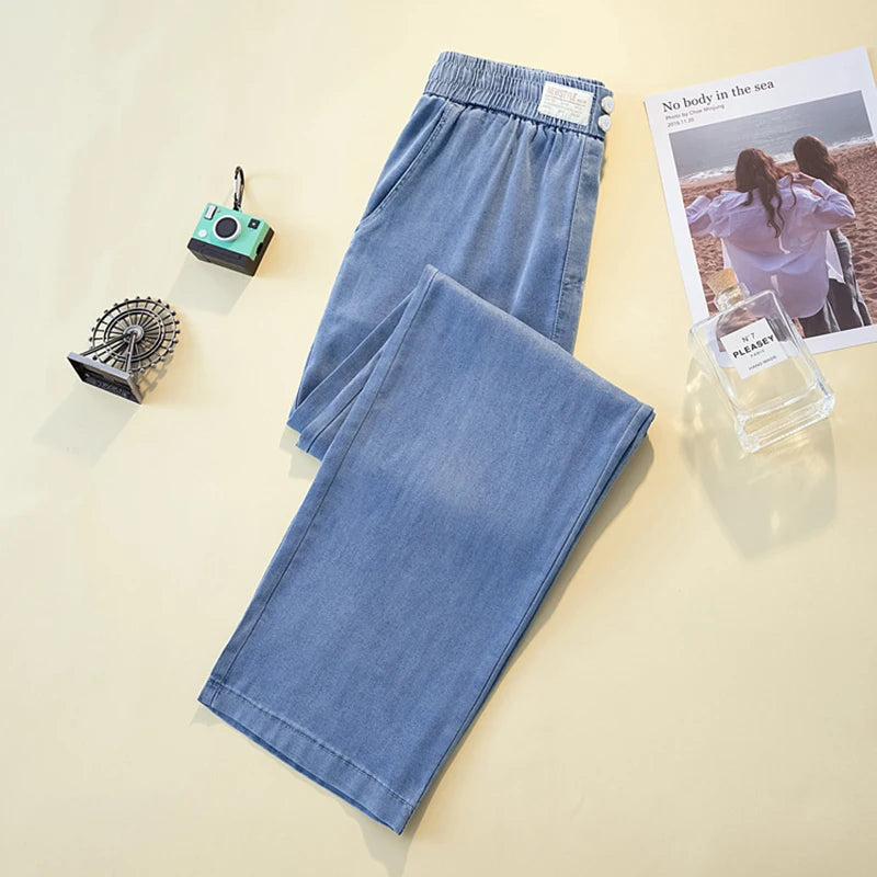 Summer Ice Silk Jeans Women Soft High Waist Wide Leg Pants Femme Thin Loose Casual Ankle Length Cool Denim Pants Mujer LightBlue