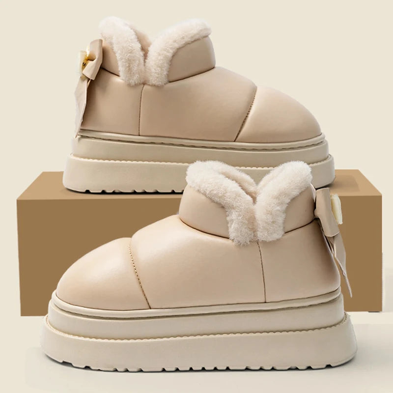 Bowknot Decor Waterproof Snow Boots Women Warm Plush Thick Platform Ankle Boots Woman Comfortable Slip On Non Slip Winter Shoes