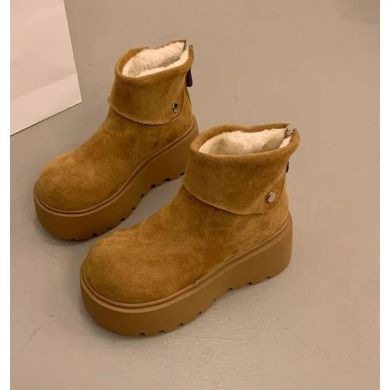 2025 New Women's Platform Snow Boots, Winter Warm Furry Lined  Shoes, Fashion Thick Sole Mid Calf Boots