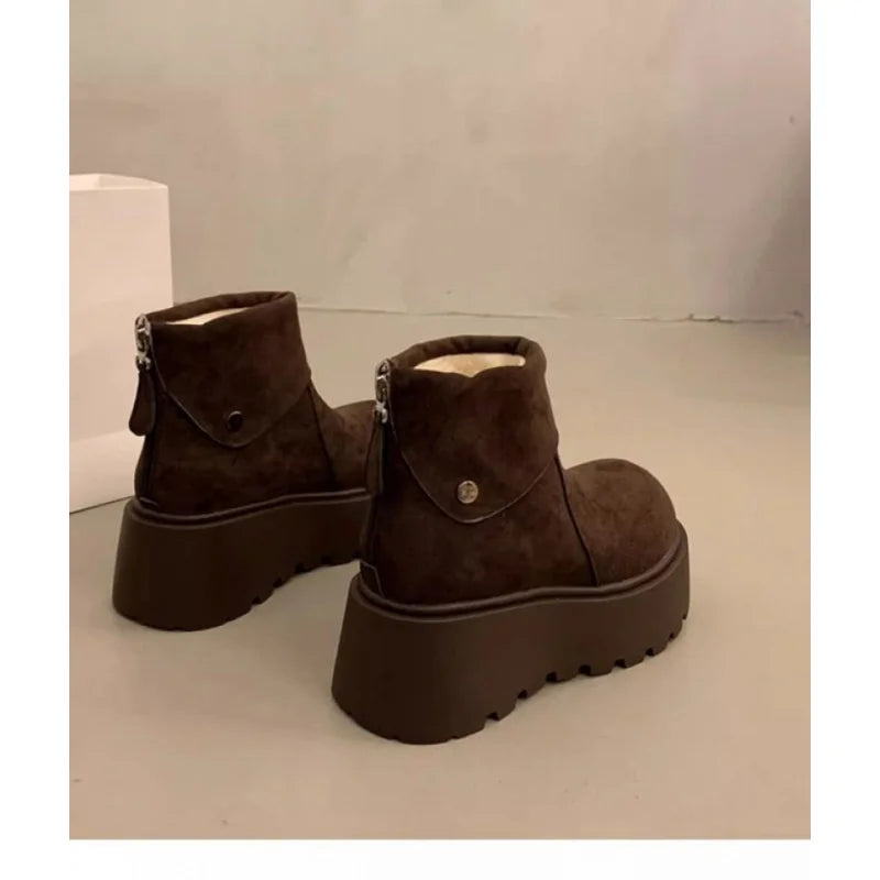 2025 New Women's Platform Snow Boots, Winter Warm Furry Lined  Shoes, Fashion Thick Sole Mid Calf Boots