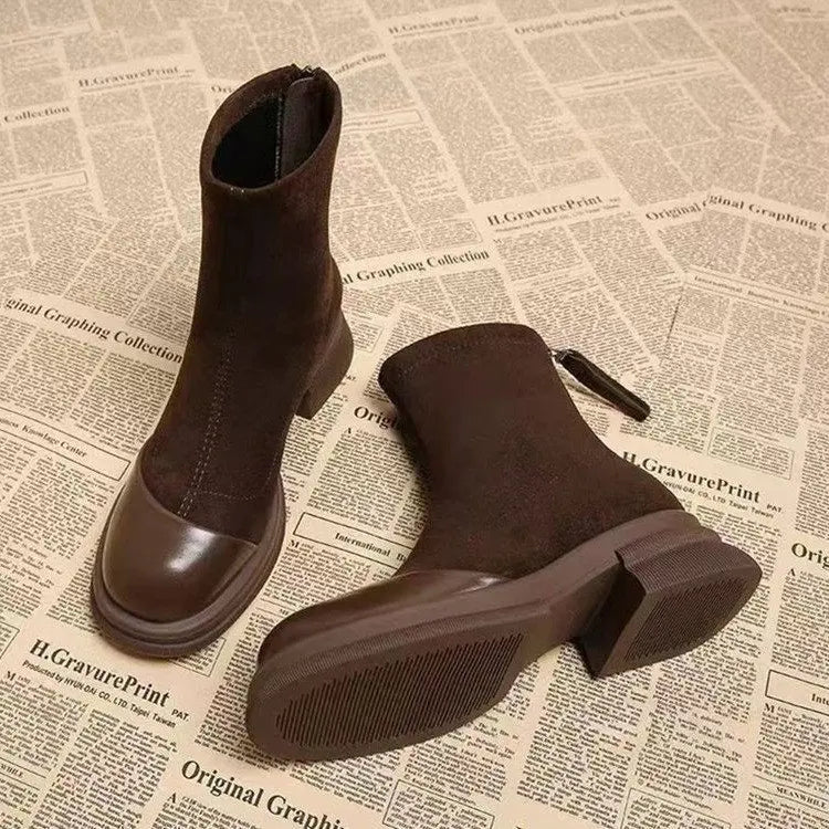2025 Autumn New Women's Ankle Boots - Retro Panel Round Toe Side Zipper Chunky Heel Fashion Short Boots for Women