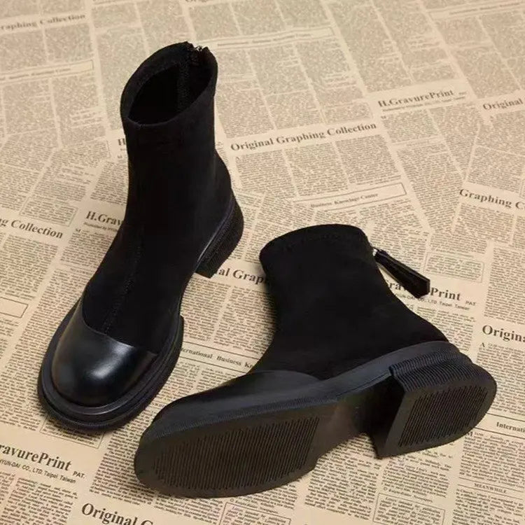 2025 Autumn New Women's Ankle Boots - Retro Panel Round Toe Side Zipper Chunky Heel Fashion Short Boots for Women