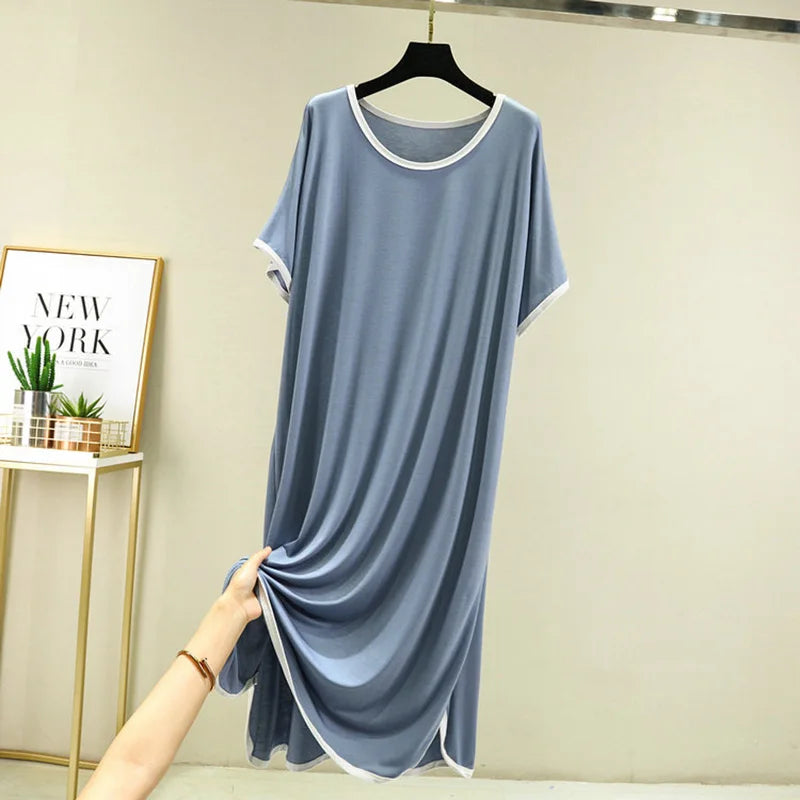 Soft Modal Sleep Dress For Women Summer Plus Size Short Sleeve Loose Casual Homewear Nightdress Long Underskirt Nightgown