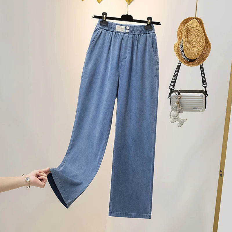 Summer Ice Silk Jeans Women Soft High Waist Wide Leg Pants Femme Thin Loose Casual Ankle Length Cool Denim Pants Mujer LightBlue