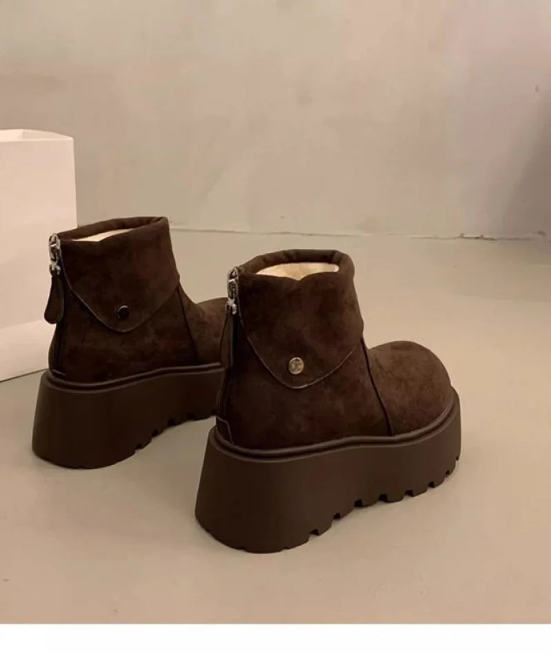 2025 New Women's Platform Snow Boots, Winter Warm Furry Lined  Shoes, Fashion Thick Sole Mid Calf Boots