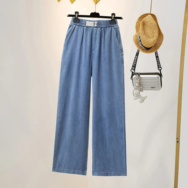 Summer Ice Silk Jeans Women Soft High Waist Wide Leg Pants Femme Thin Loose Casual Ankle Length Cool Denim Pants Mujer LightBlue