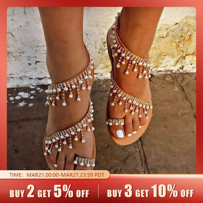 sandales avec  perles glands plat habillé bride à la cheville