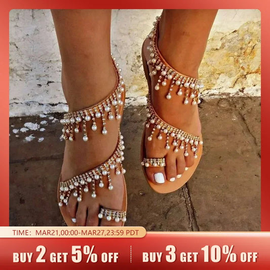 sandales avec  perles glands plat habillé bride à la cheville