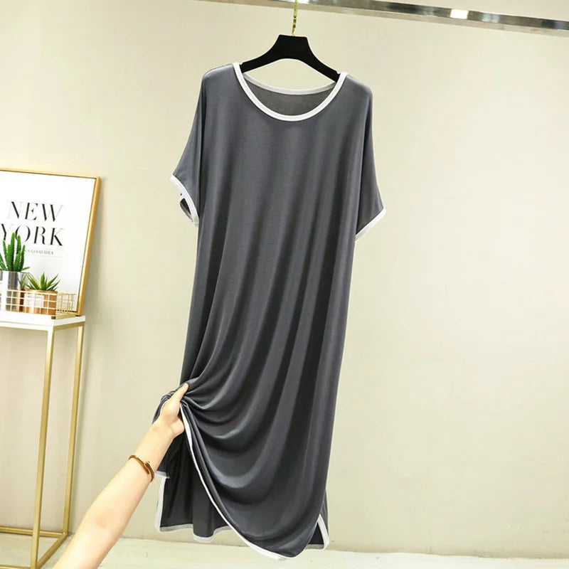 Soft Modal Sleep Dress For Women Summer Plus Size Short Sleeve Loose Casual Homewear Nightdress Long Underskirt Nightgown