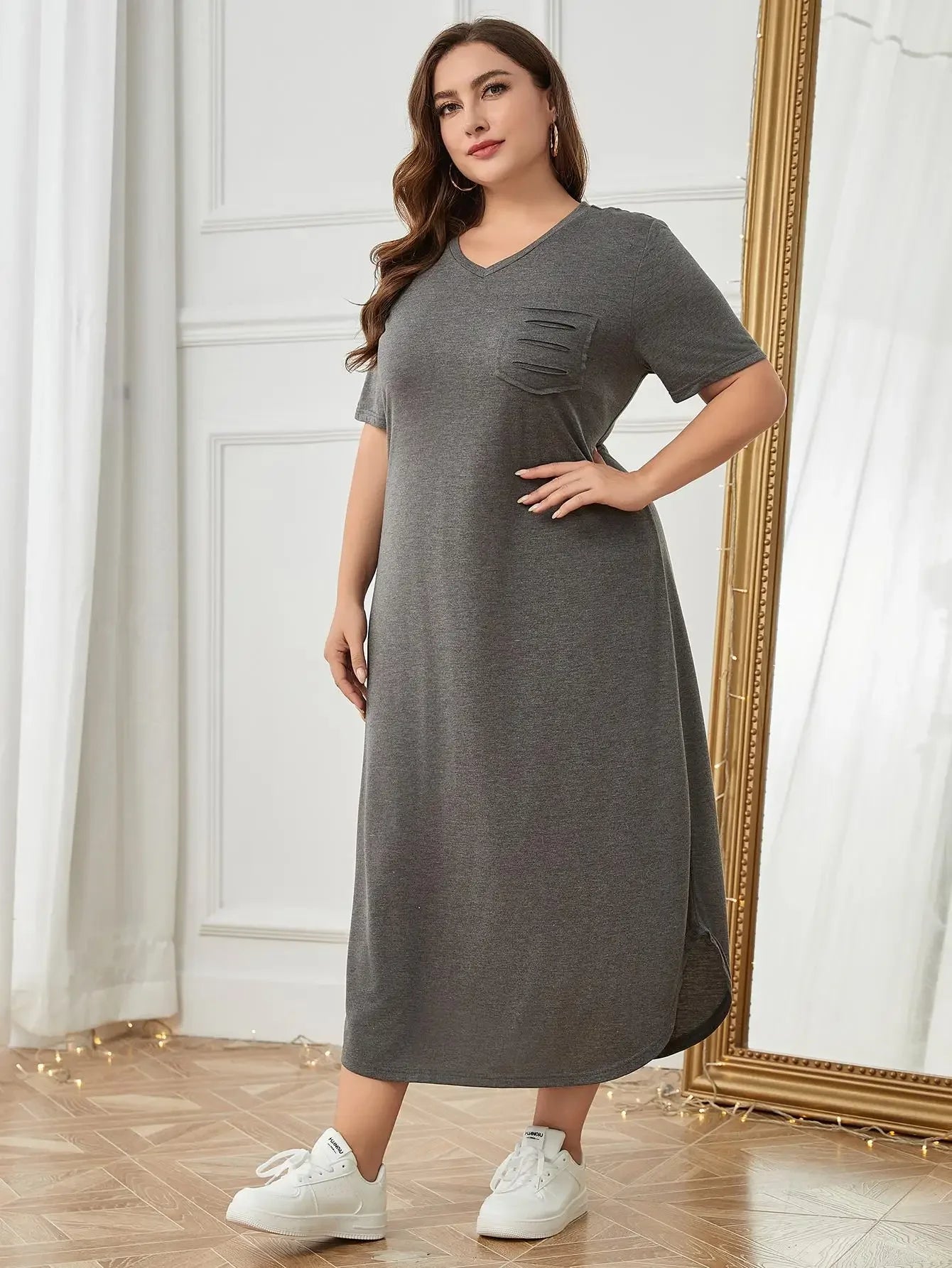 Plus Size Women's Nightgown Solid Color Sleepwear V Neck Short Sleeves Nightdress Female Pajamas Dress Chest Pocket Nightwear