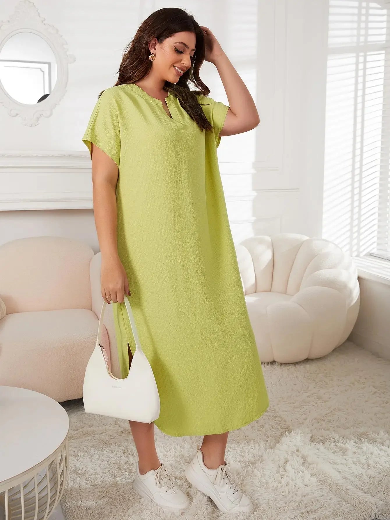 Plus Size Cut Out V Neck Women Nightgown Short Sleeves Solid Female 2 Piece Sleepwear Side Split Nightwear Homewear Clothes