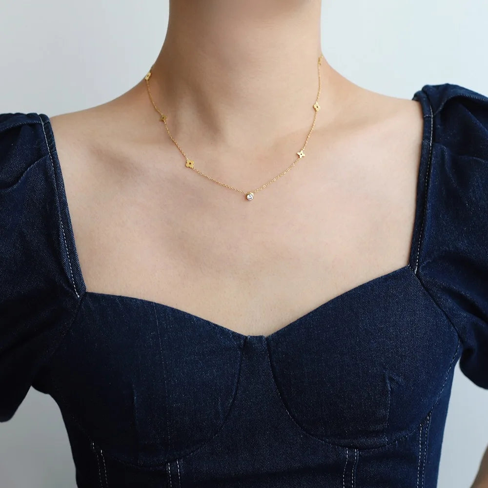 Collier de fleurs en Zircon pour femmes, en acier inoxydable