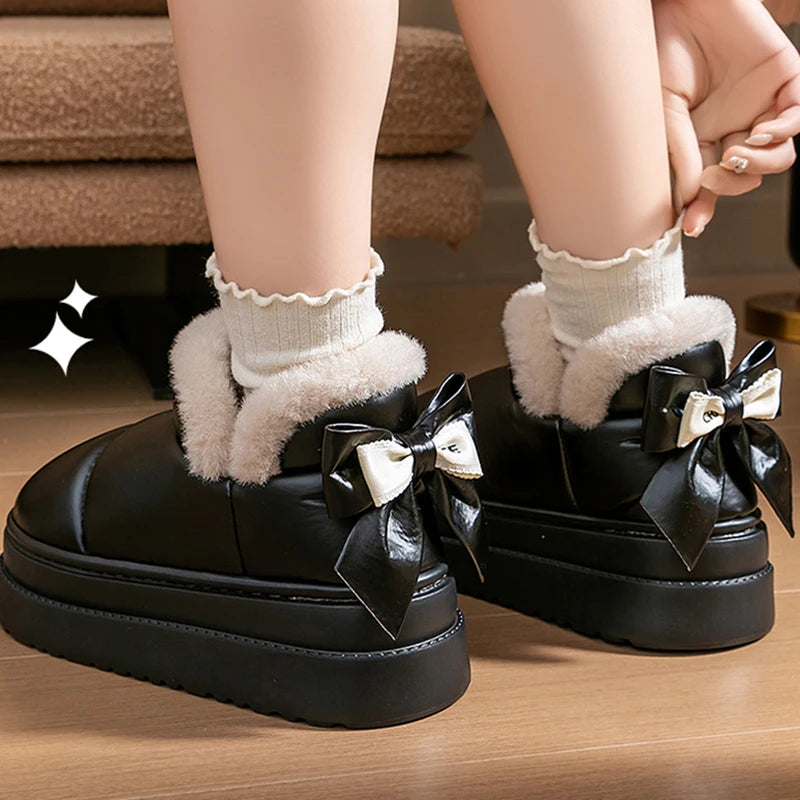 Bowknot Decor Waterproof Snow Boots Women Warm Plush Thick Platform Ankle Boots Woman Comfortable Slip On Non Slip Winter Shoes