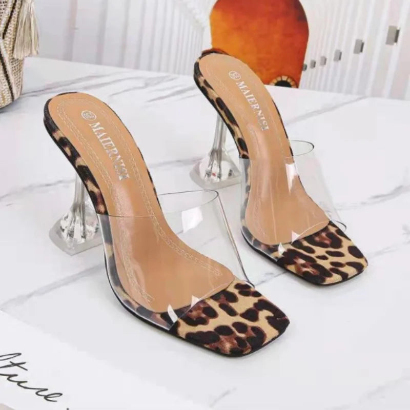 босоножки женские Simple Large Women Shoe In Summer New Elegant Crystal Heel Sandals Women Pvc Leopard Print High Heel Slippers