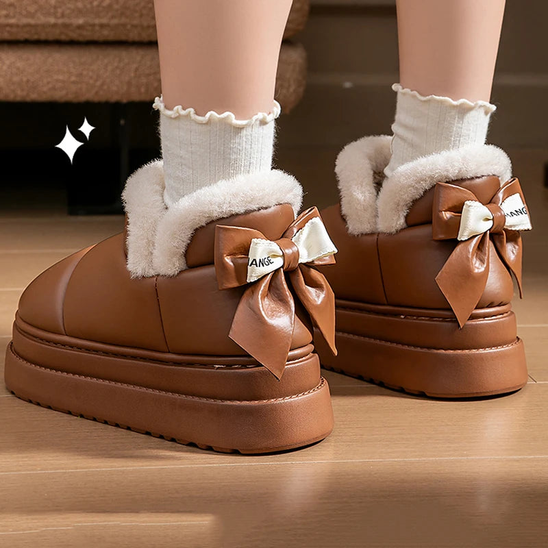 Bowknot Decor Waterproof Snow Boots Women Warm Plush Thick Platform Ankle Boots Woman Comfortable Slip On Non Slip Winter Shoes