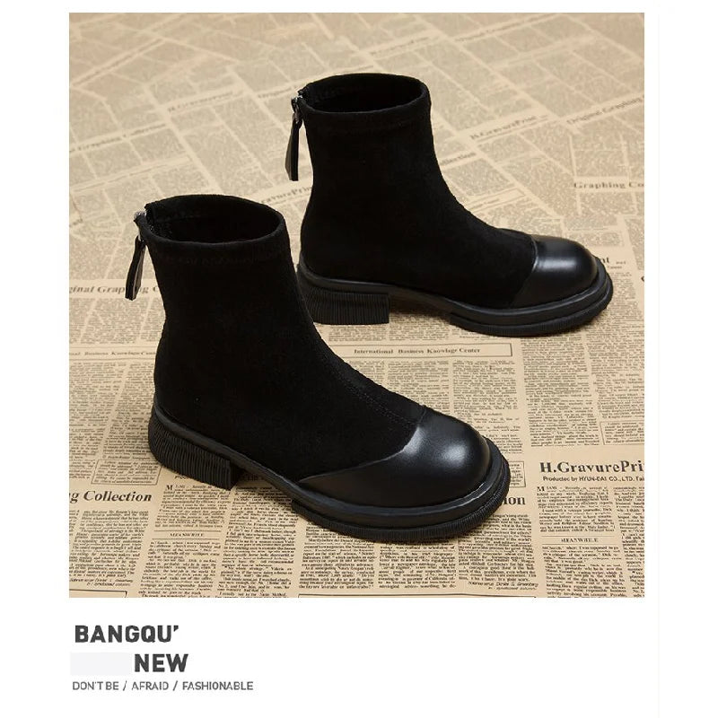 2025 Autumn New Women's Ankle Boots - Retro Panel Round Toe Side Zipper Chunky Heel Fashion Short Boots for Women