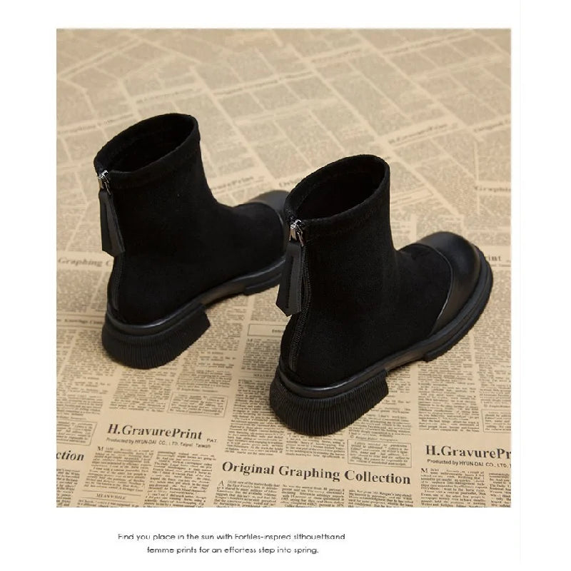 2025 Autumn New Women's Ankle Boots - Retro Panel Round Toe Side Zipper Chunky Heel Fashion Short Boots for Women